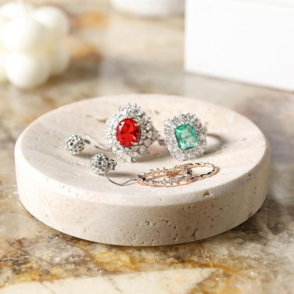 Koville Small Travertine Jewelry Dish, 4" Round Trinket Dish for Ring Necklace Earring, Beige Travertine Soap Dish for Bathroom Kitchen, Natural Stone Small Decorative Dish