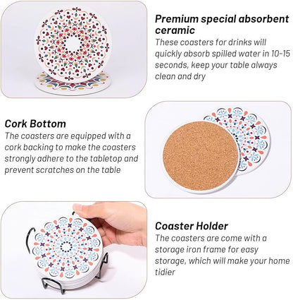 Acejoz Drink Coasters Set of 6, Mandala Design, Ceramic, Round, 4 Inches, Multicolor