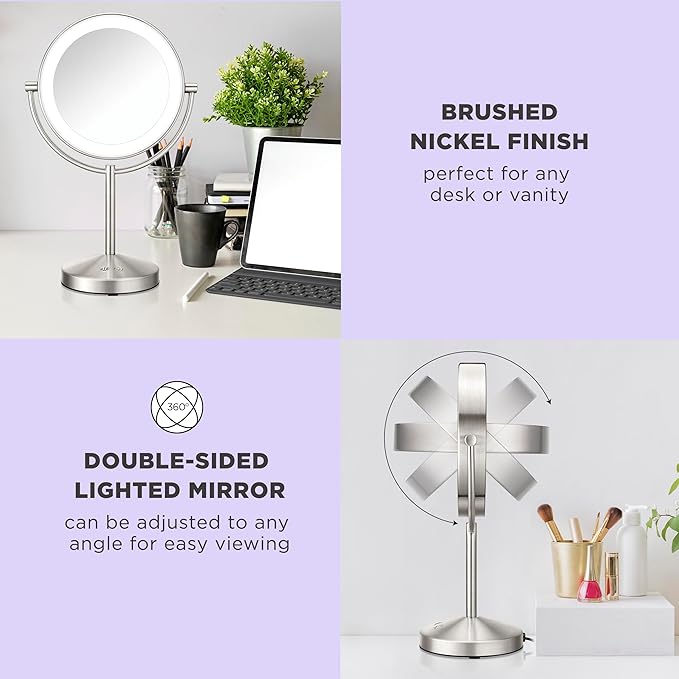 Conair Lighted Makeup Mirror, Double-Sided LED Vanity Mirror with 1X/10X Magnification, 3 Light Settings, 3 Modes, 360° Rotation, Satin Nickel Finish