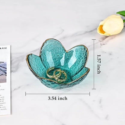 Koythin 3-Piece Glass Jewelry Tray, Small Trinket Holder for Necklace Bracelet Earring, Ring Holder for Bathroom, Aesthetic Trinket Dish, Flower Nightstand Decor for Girl Mom Women (Green)