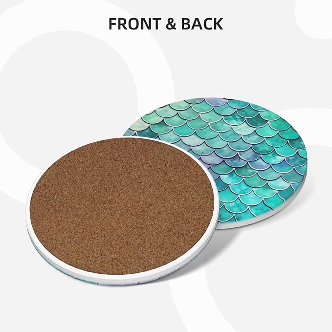 6 Pcs Ceramic Coasters with Holder Absorbent Drink Round Mermaid Fish Scales Design for Home Table Coffee Cup Wine Beer Bar,Size 4.4 inches