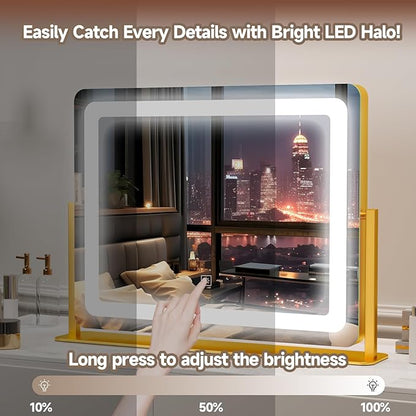 PRIMETEK Vanity Mirror with Lights, 22"x19" Large Makeup Mirror with Lights, Hollywood LED Lighted Makeup Mirror, Touch Sensor with 3-Color Lighting, Dimmable for Vanity Desk Tabletop, Bedroom, Gold