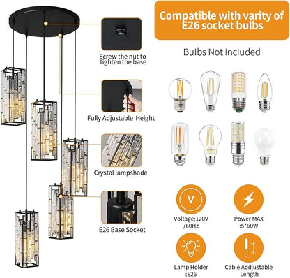 Black Pendant Lighting Modern Pendant Light, Mini Crystal Chandeliers,Adjustable Pendant Light Fixture for Kitchen Island Dinning Room Bedroom (5 Light)