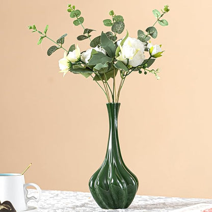 Christmas Decor Emerald Green Ceramic Vase with Fluted Texture - 9.1" Unique Flower Vase for Pampas Grass & Centerpieces, Decorative Boho/Farmhouse Vase for Living Room, Office & Gift for Her/Yourself