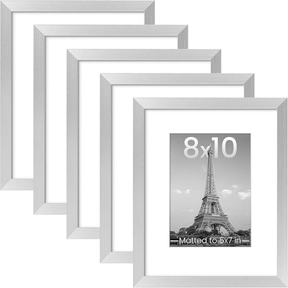 upsimples 8x10 Picture Frame Set of 5, Display Pictures 5x7 with Mat or 8 x 10 Withou, Wall Gallery Photo Frames, Silver