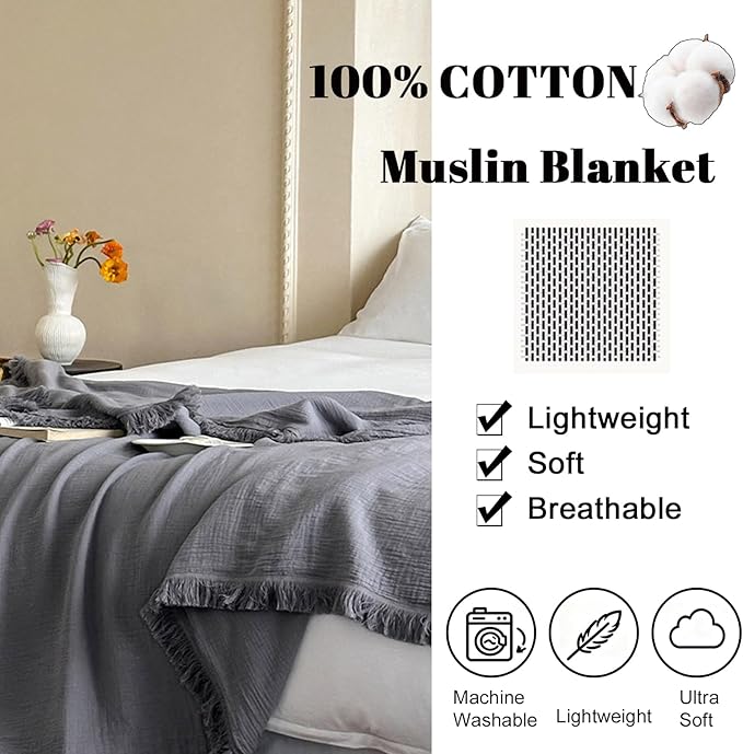 MorroMorn 100% Cotton Queen Size Bed Blanket 80"x90" Muslin Blanket with Fringes, 4-Layer Gauze Blankets for Adult, Boho Bedding Breathable Lightweight Ultra-Soft for All Seasons, Grey
