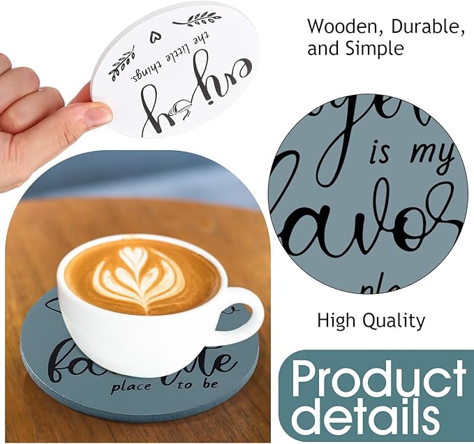Queekay Coasters Set of 6 House Warming Gifts New Home Wooden Farmhouse Drink Coasters with Holder 4'' Funny Decoration for Kitchen Family Coffee Bar Tabletop Protection(Gray Blue)