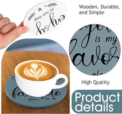 Queekay Coasters Set of 6 House Warming Gifts New Home Wooden Farmhouse Drink Coasters with Holder 4'' Funny Decoration for Kitchen Family Coffee Bar Tabletop Protection(Gray Blue)