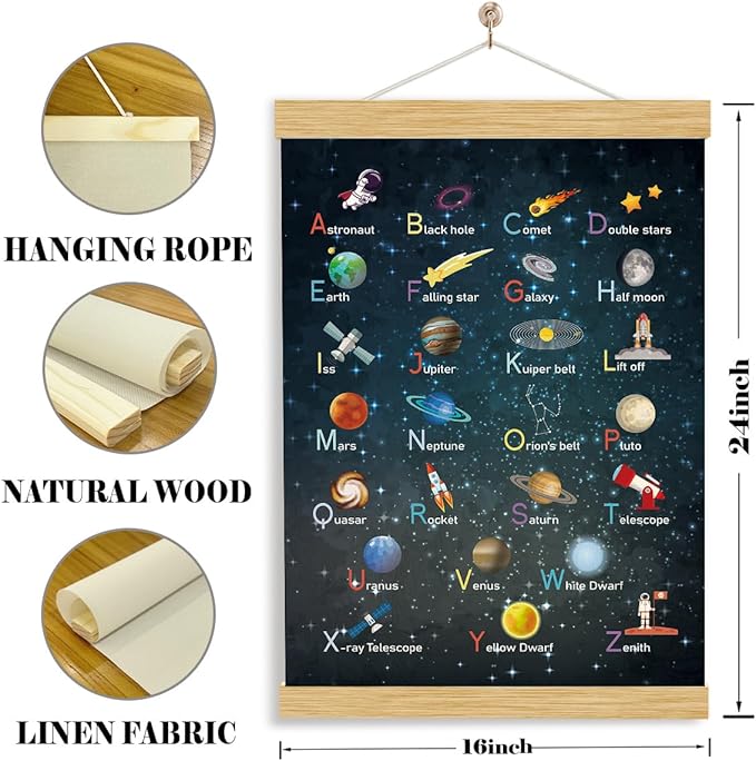 YGSDZY Alphabet Space Poster Wood Hanging, Canvas Aesthetic for Kid Room, Boys Bedroom Wall Decoration, Playroom Decors, ABC Alphabet Learning Hanging Poster for Home Classroom Decor, 11.8 * 15.7