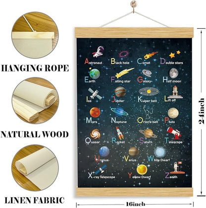 YGSDZY Alphabet Space Poster Wood Hanging, Canvas Aesthetic for Kid Room, Boys Bedroom Wall Decoration, Playroom Decors, ABC Alphabet Learning Hanging Poster for Home Classroom Decor, 11.8 * 15.7