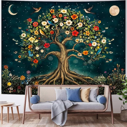 Amtoodopin Tree of Life Tapestry Mystic Boho Flowers Tapestry Vintage Aesthetic Tree Wall Tapestries Retro Nature Floral Plants Tapestries Wall Hanging for Bedroom
