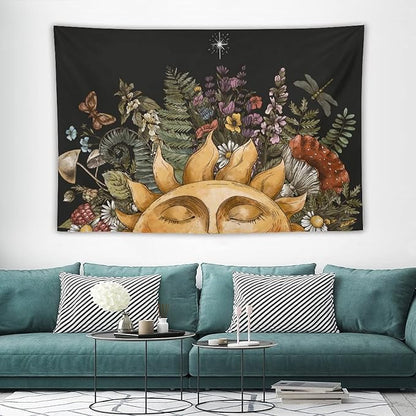 Vintage Sun Tapestry Wall Hanging,Hippie Boho Mushroom Floral Plant Tapestries for College Dorm Living Room Bedroom Decor(60"x90")