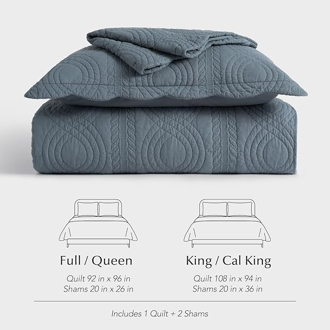 EVERGRACEHOME 100% Cotton Scallop Quilt Set, King Size 3 Piece Set – Lightweight Bedspread with 2 Shams, Soft Prewashed Matelasse Coverlet for Cozy and Elegant Bedding, Stormy Blue