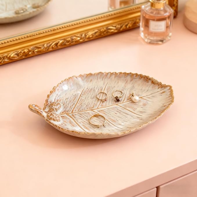 Ceramic Jewelry Dish, Decorative Tray for Rings Earrings Necklaces Bracelet Watch Keys, 4.50" Trinket Tray as Gifts for Women (Reactive Leaf)