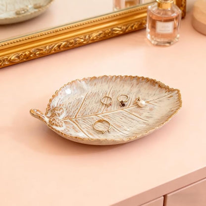 Ceramic Jewelry Dish, Decorative Tray for Rings Earrings Necklaces Bracelet Watch Keys, 4.50" Trinket Tray as Gifts for Women (Reactive Leaf)