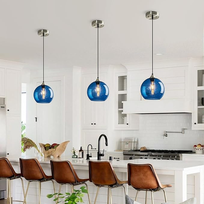 Blue Glass Pendant Lights Kitchen Island Lighting Globe Pendant Light Fixtures Modern Pendant Lighting for Kitchen Island Bedroom Living Dining Room Light Fixture(7.87in, 1-Pack)