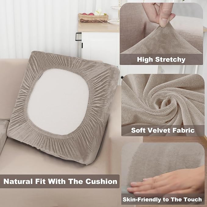 NAISI Couch Cushion Covers 1 Piece Velvet Stretch Sofa Seat Covers or Backrest Covers Soft Individual Couch Covers for Sectional Sofa(1 PC for Seat Cushion or Backrest,Taupe)
