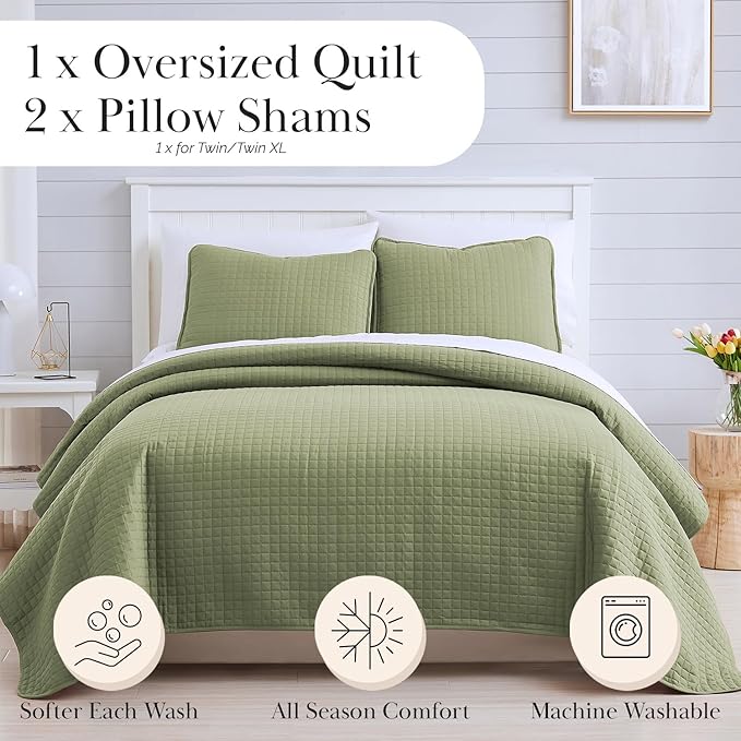 Southshore Fine Living, Inc. Twin XL Comforter Quilt Set, Dorm Room Bedding Essentials, Stain Resistant, Machine Washable Bed Spread, Twin XL Green Quilt Bedspread Set w/Pillow Sham, Sage Green