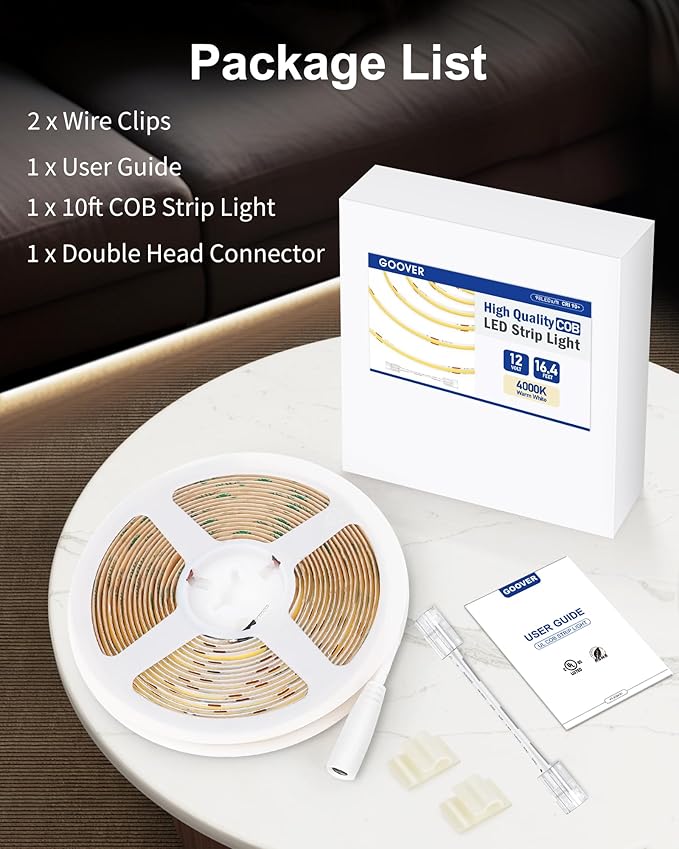 GOOVER COB LED Strip Lights 16.4ft, 4000K Natural White DC 12V Dimmable Tape Light, Ra 95+,150+LM/FT, 98 LEDs/ft, 2.2W/ft, 1600 LEDs, UL Listed for Cabinets,Bedroom(Power Supply Sold Separately)
