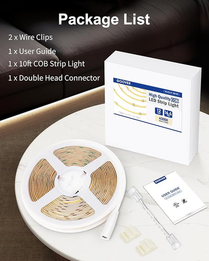 GOOVER COB LED Strip Lights 16.4ft, 4000K Natural White DC 12V Dimmable Tape Light, Ra 95+,150+LM/FT, 98 LEDs/ft, 2.2W/ft, 1600 LEDs, UL Listed for Cabinets,Bedroom(Power Supply Sold Separately)