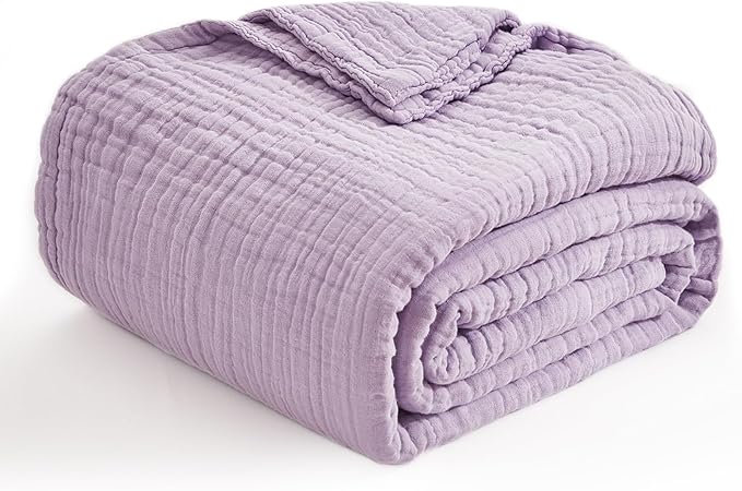 EMME Cotton Muslin King Blanket Big Oversized Bed Layering Bedspread Coverlet Breathable Gauze Soft Lightweight Blankets (Lavender, 120"x94")