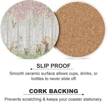 Round-4PCS Forest Ceramic Coasters, Round Absorbent Drink Coasters, Cartoon Nature Forest Flower Animal Bear, Deer, Fox, Rabbit Ceramic Table Coasters for Coffee, Beverage, Wine, Beer Coasters