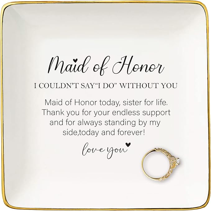 NZY Maid of Honor Proposal Gifts from Bride-Wedding Gifts for Maid of Honor-Bachelorette Party Present for Her Bridesmaid,Besties,Friends,Women-Ceramic Jewelry Tray Trinket Holder Ring Dish