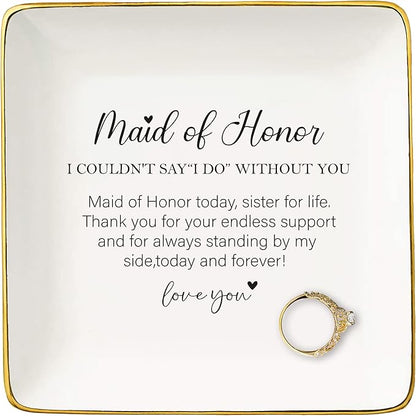 NZY Maid of Honor Proposal Gifts from Bride-Wedding Gifts for Maid of Honor-Bachelorette Party Present for Her Bridesmaid,Besties,Friends,Women-Ceramic Jewelry Tray Trinket Holder Ring Dish