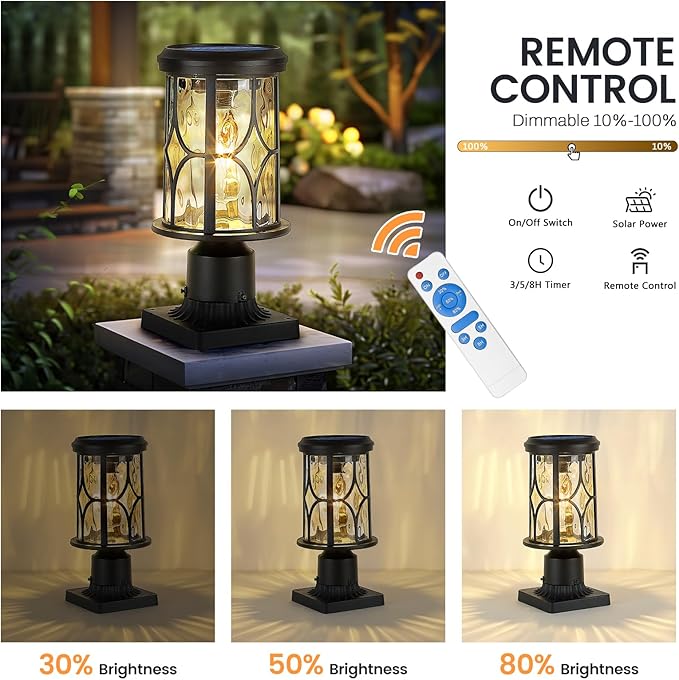 zeyu Outdoor Solar Column Light with Pier Mount, Exterior Post Lighting Fixture with Remote, Die-Cast Aluminum with Water Ripple Glass Shade, Black Finish, ZX48P-WG SL BK