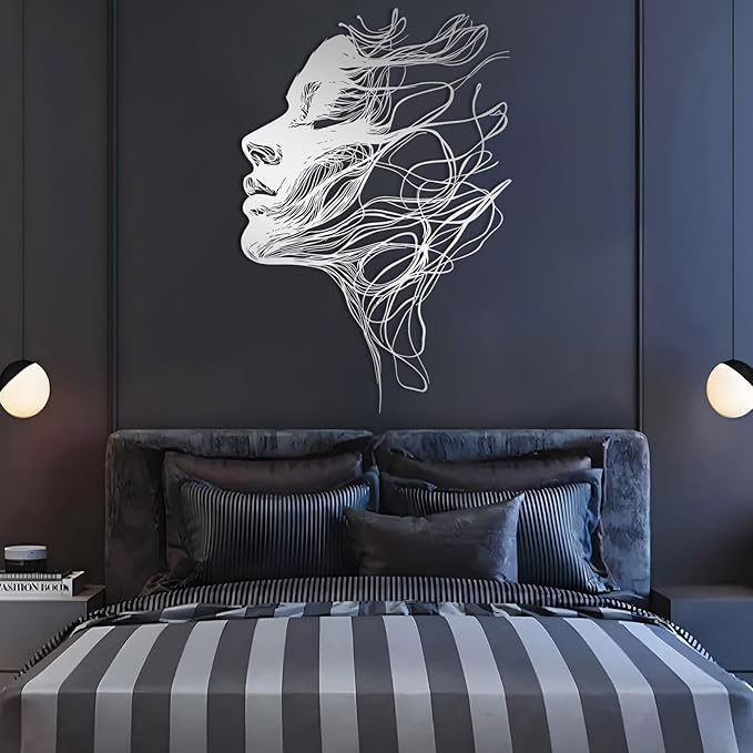 BIANGING Modern Woman Face Metal Wall Decor, Abstract Woman Face Metal Wall Decor, Abstract Female Line Wall Art, Minimalist Line Wall Art for Bathroom Living Room Bedroom (Silver, 48"x32"/121x81cm)