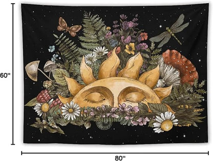 Vintage Sun Tapestry,Boho Hippie Mushroom Starry Floral Forest Plant Tapestries Wall Hanging for Dorm Living Room Bedroom Home Decor(60"x80")
