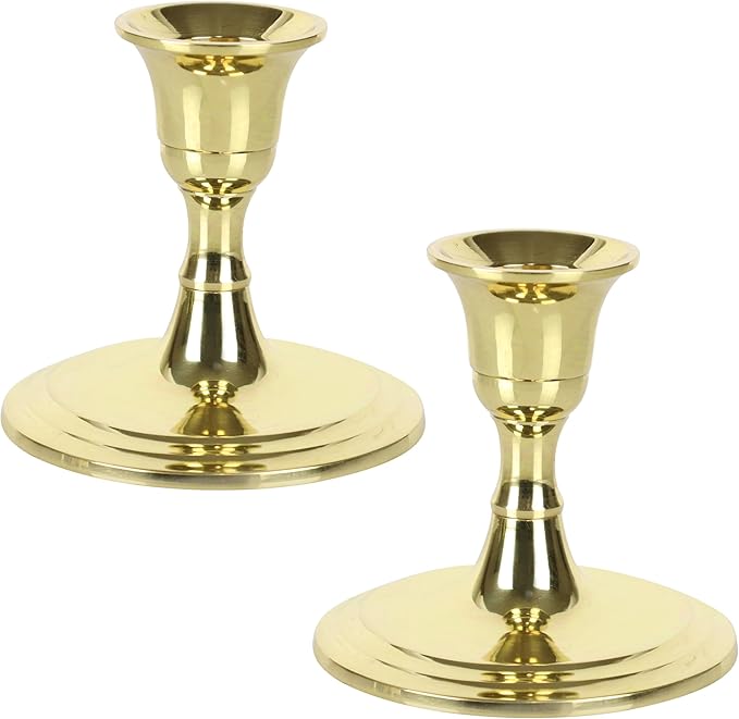 3SCompany Shiny Solid Brass Gold Small Taper Candle Holder 2 1/2" Tall