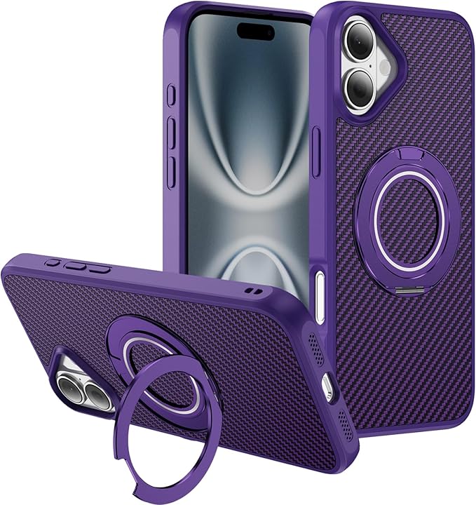 Mag-Stand Carbon Fiber Case for iPhone 17, 360° Rotate Magnetic Stand, Compatible with MagSafe, 15FT Military Protection, Slim Shockproof Magnetic Kickstand Mag Phone Case for Men Women Purple