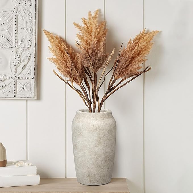Briful 9.06'' Large Ceramic Rustic Vase Shabby Vintage Textured Vase, 4.33'' Wide Mouth Pampas Vases for Fake Flowers Branches, Farmhouse Home Décor, Weddings Shelf Table Decor,Heige