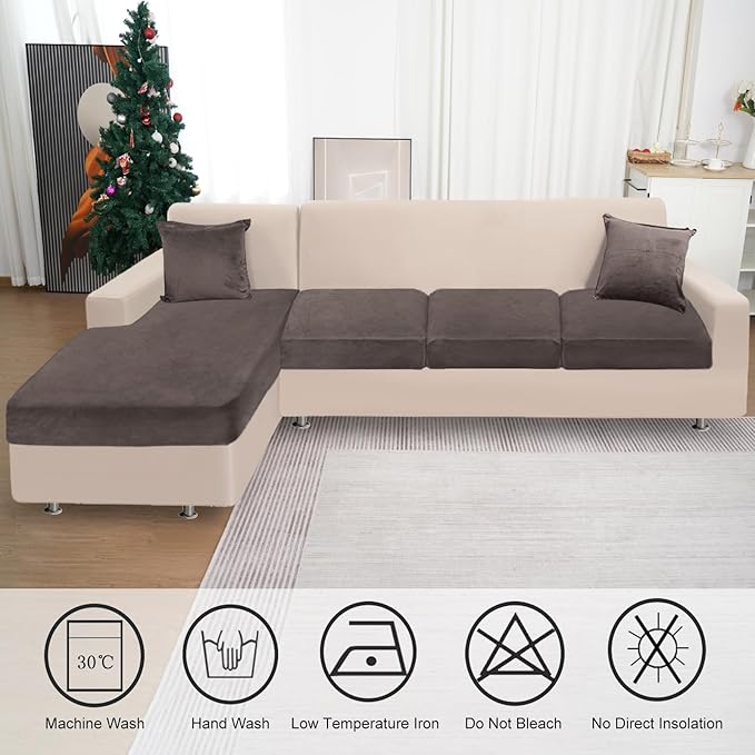 Sectional Couch Covers for 4-Piece Seat Cushion Velvet Separate L Shape Couch Cover Stretch Sofa Slipcover with 2 Pieces Pillowcases Furniture Protector (Sofa 3 Seater + 1 Chaise, Coffee)