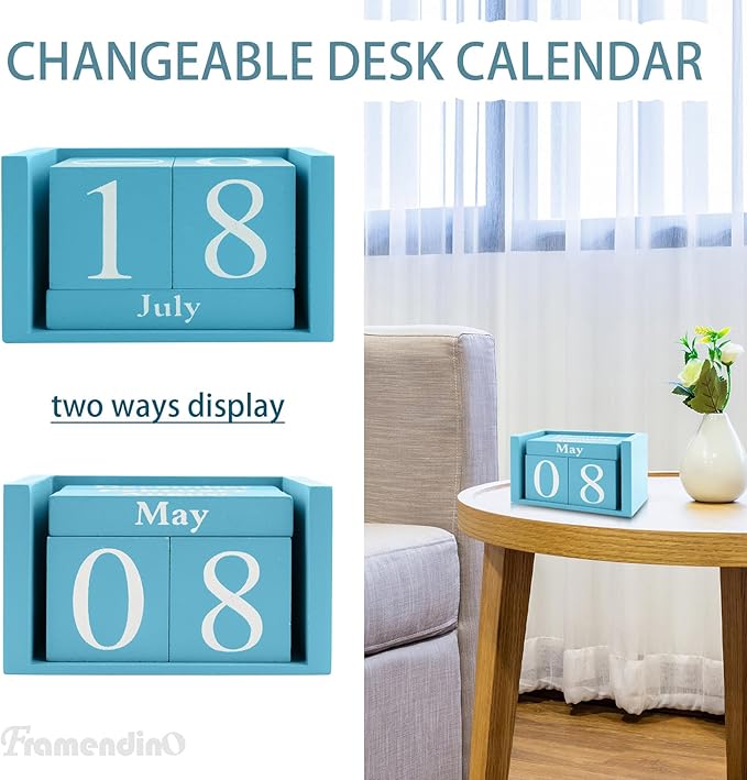 Framendino, Blue Vintage Wood Calendar Rustic Block Chic Perpetual Desktop Wooden Cubes Calendars for Home Office Desk Decoration