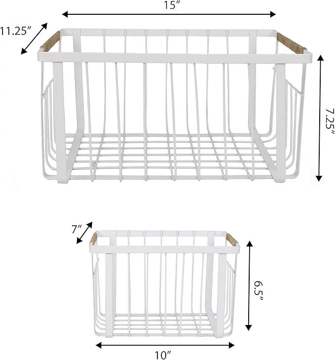 happimess BSK3003B-3SET Henley Vintage Farmhouse Wire Metal Nesting Storage Baskets with Jute Wrapped Handles for Shelves, Cabinets, Pantry, Countertop, Mesh Open Bin Basket, White (Set of 3)