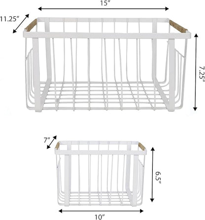 happimess BSK3003B-3SET Henley Vintage Farmhouse Wire Metal Nesting Storage Baskets with Jute Wrapped Handles for Shelves, Cabinets, Pantry, Countertop, Mesh Open Bin Basket, White (Set of 3)