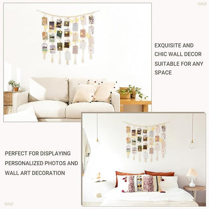 Mkono Macrame Hanging Photo Display Wall Decor with String Lights, Boho Wooden Beads Garland Collage Picture Card Frame Holder with 45 Clips for Bedroom Living Room Dorm, Teen Girls Christmas Gifts