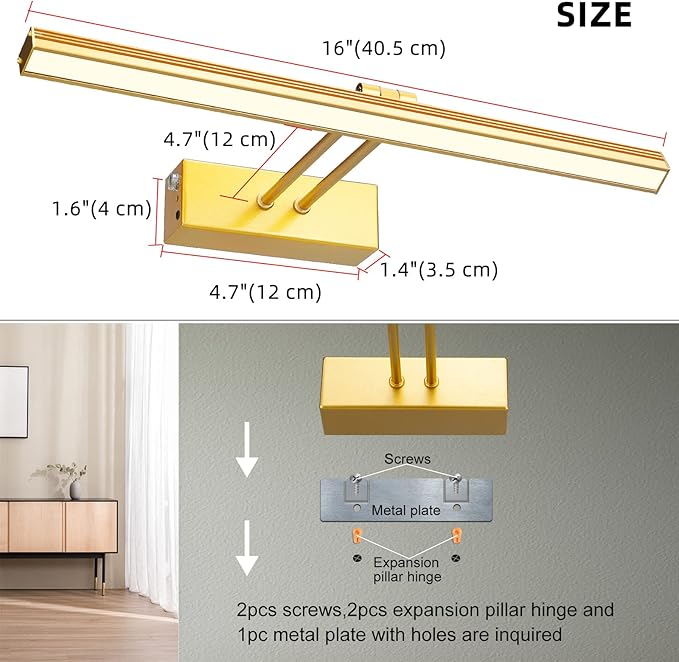 FUNCHDAY Picture Light,5000mAh Battery Operated Picture Light for Wall,Wireless Remote Painting Light with Timer and Dimmable,16”Metal Art Light for Display,Artwork,Portrait,Gallery-Gold
