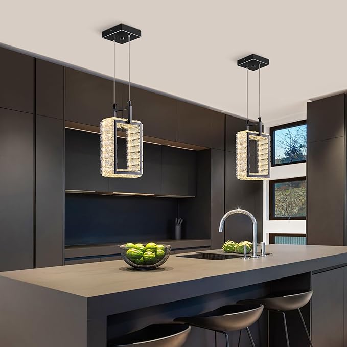 Kitchen Island Mini Light Fixture Modern Led Crystal Pendant Light Black Rectangle Chandelier for Dining Room Living Room Kitchen Bedroom Bar（1-Pack）