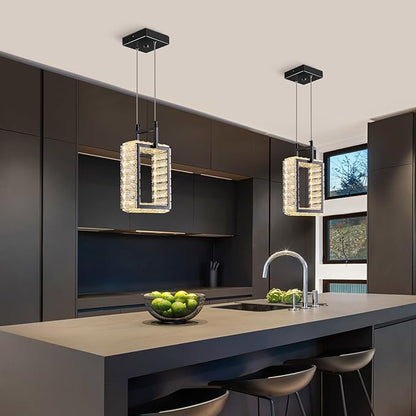 Kitchen Island Mini Light Fixture Modern Led Crystal Pendant Light Black Rectangle Chandelier for Dining Room Living Room Kitchen Bedroom Bar（1-Pack）