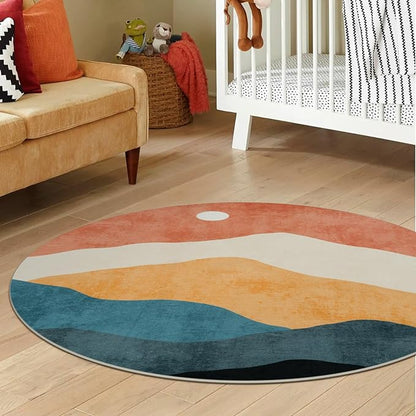 Abstract Round Rug for Bedroom 4ft, Faux Wool Soft Area Circle Area Rug, Boho Washable Low Pile Classroom Rugs, Carpet for Living Room Sofa Bathroom Nursery Kids Room Decor