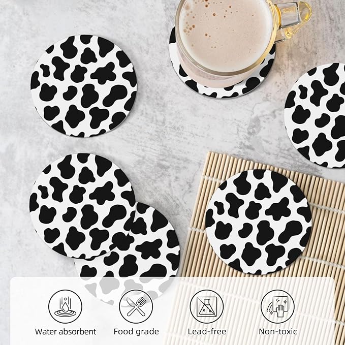 6 Pcs Ceramic Coasters with Holder Absorbent Drink Round Animal Cow White Black Spot Design for Home Table Coffee Cup Wine Beer Bar,Size 4.4 inches