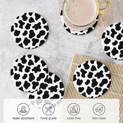6 Pcs Ceramic Coasters with Holder Absorbent Drink Round Animal Cow White Black Spot Design for Home Table Coffee Cup Wine Beer Bar,Size 4.4 inches