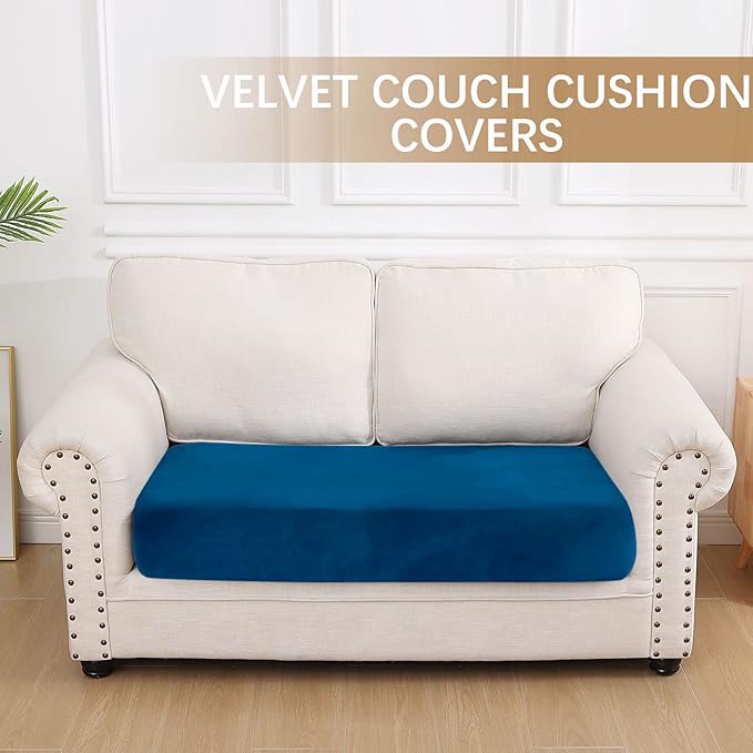 hyha Velvet Couch Cushion Covers, Soft Sofa Seat Covers for sectional 2 Cushion Couch Washable, Magic Sofa Slipcover with Elastic Bottom, Non-Slip Furniture Protector for Pets, Kid(Medium, Royal Blue)