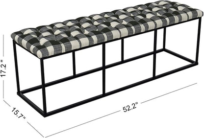HomePop Upholstered Button Tufted Decorative Bench with Metal Base, Black and White Plaid
