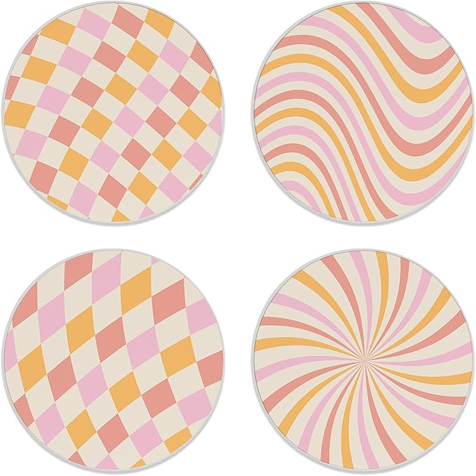 Coasters for Drinks,Set of 4 Absorbent Coasters,Groovy Rainbow Chessboard Waves Swirl Twirl Ceramic Coasters with Cork Base,Cup Coaster for Coffee Table Protection,Gifts for Housewarming Birthday