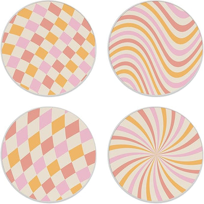 Coasters for Drinks,Set of 4 Absorbent Coasters,Groovy Rainbow Chessboard Waves Swirl Twirl Ceramic Coasters with Cork Base,Cup Coaster for Coffee Table Protection,Gifts for Housewarming Birthday