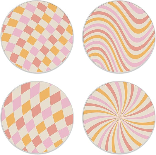 Coasters for Drinks,Set of 4 Absorbent Coasters,Groovy Rainbow Chessboard Waves Swirl Twirl Ceramic Coasters with Cork Base,Cup Coaster for Coffee Table Protection,Gifts for Housewarming Birthday